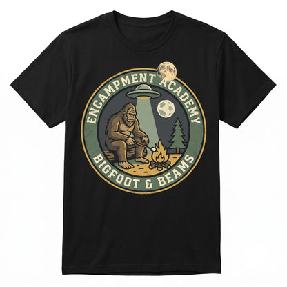 Bigfoot Camping UFO Moon Forest Campfire Graphic Sasquatch Cryptid Outdoor Adventure Gift Unisex TShirt