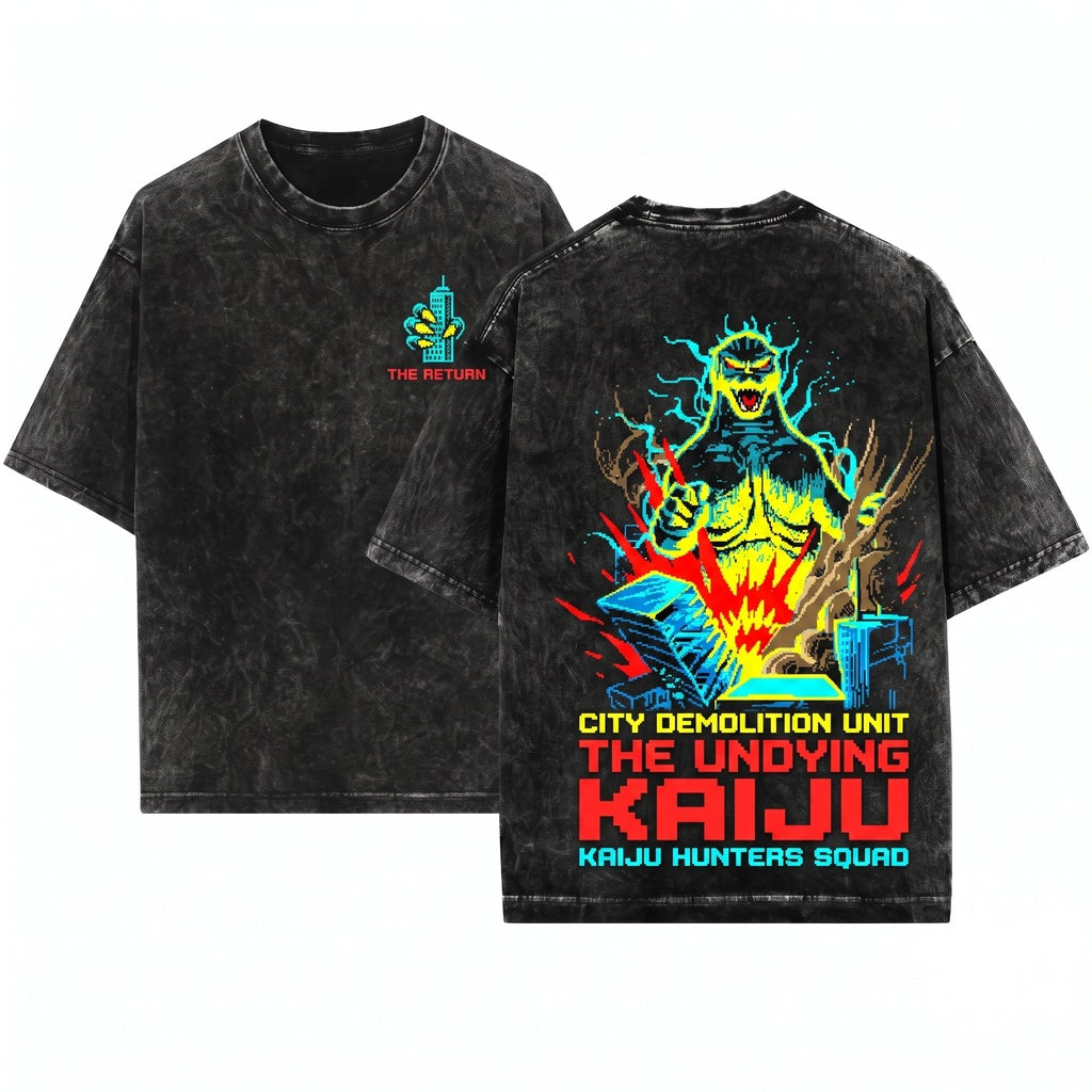 8-Bit Japanese Retro Gojira Sci-Fi Movie Graphic Kaiju Monster Unisex Wash T-Shirt