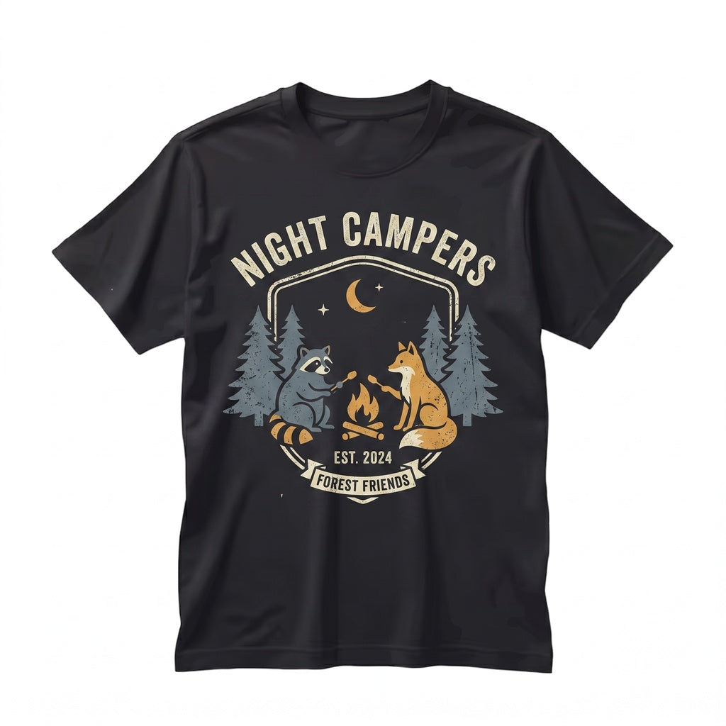 Retro Camping Raccoon Graphic Forest Campfire Wildlife Cozy Outdoor Adventure Nature Gift Unisex TShirt