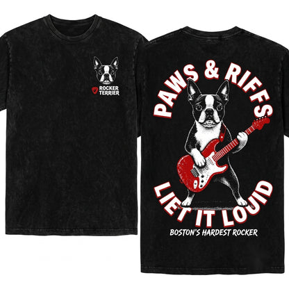 Boston Terrier Guitar Rocker Dog Music Lover Funny Gift Mom Dad Unisex Wash T-Shirt