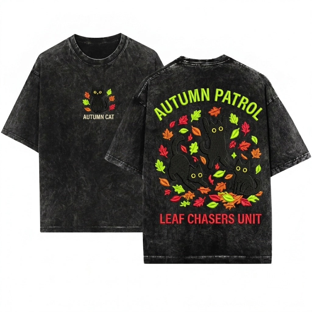 Black Cats Autumn Leaves Cute Embroidered Cozy Cat Lovers Gift Aesthetic Unisex Wash T-Shirt
