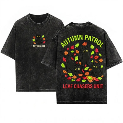 Black Cats Autumn Leaves Cute Embroidered Cozy Cat Lovers Gift Aesthetic Unisex Wash T-Shirt