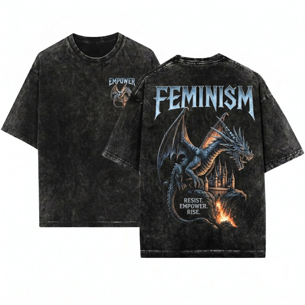 Feminism Dragon Gothic Fantasy Castle Graphic Retro Vintage Acid Wash Metal Aesthetic Empowerment Unisex T-Shirt