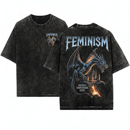 Feminism Dragon Gothic Fantasy Castle Graphic Retro Vintage Acid Wash Metal Aesthetic Empowerment Unisex T-Shirt