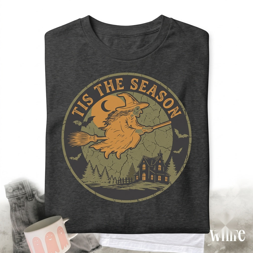 Tis The Season Halloween Flying Witch Broom Haunted House Aesthetic Autumn Fall Holiday Gift Apparel, Unisex TShirt