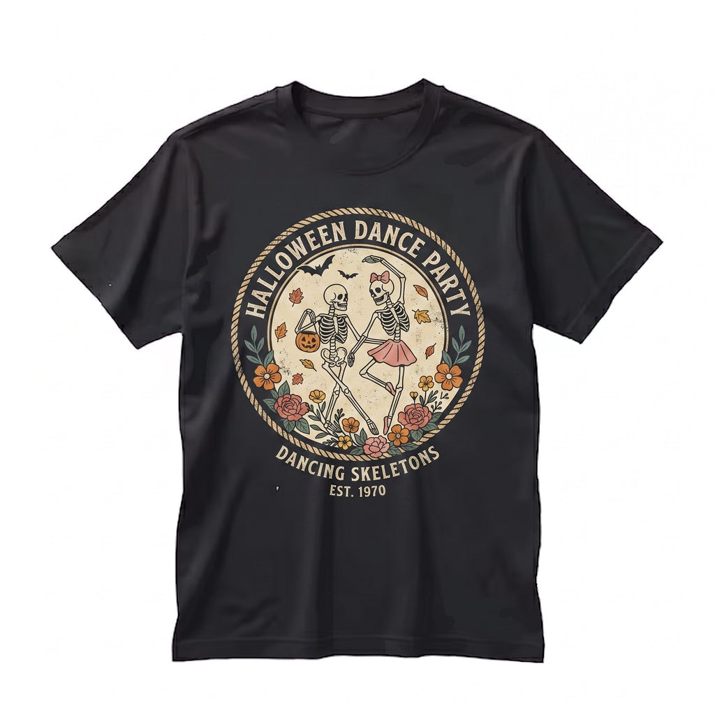 Dancing Skeleton Couple Halloween Party Autumn Fall Leaves Spooky Graphic Unisex TShirt