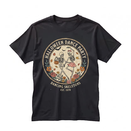 Dancing Skeleton Couple Halloween Party Autumn Fall Leaves Spooky Graphic Unisex TShirt