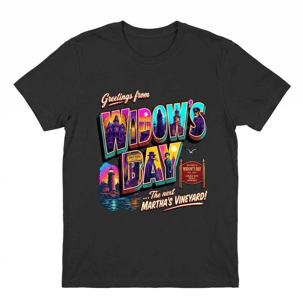 Greetings From Widow’s Bay Vintage Coastal Horror Graphic Tank Top, Spooky Movie Fan Gift, Unisex TShirt