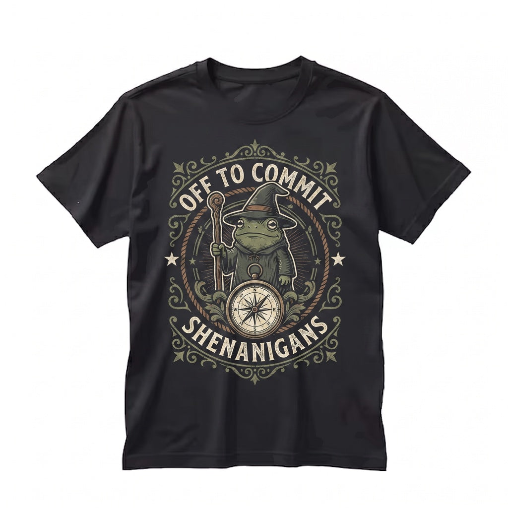 Off to Commit Shenanigans Wizard Frog Funny Tabletop Fantasy Nerd Embroidered Gift Unisex TShirt