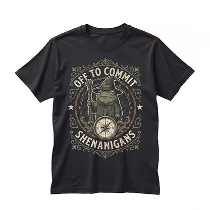 Off to Commit Shenanigans Wizard Frog Funny Tabletop Fantasy Nerd Embroidered Gift Unisex TShirt