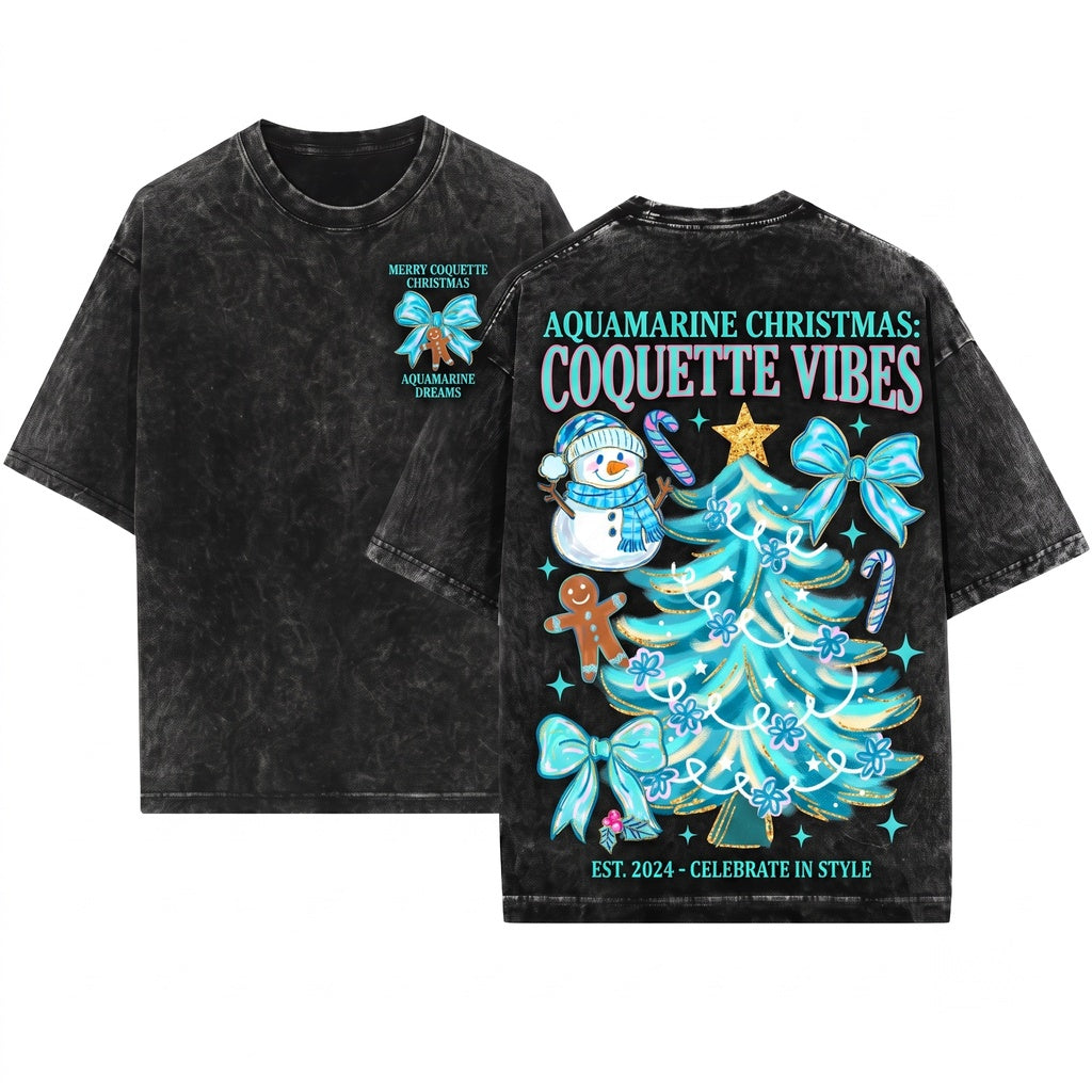 Blue Brushstroke Snowman Cozy Winter Coquette Preppy Christmas Tree Freezin Season PNG Graphic Print Unisex Wash T-Shirt