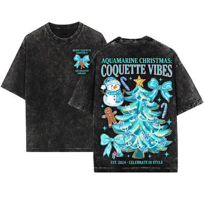 Blue Brushstroke Snowman Cozy Winter Coquette Preppy Christmas Tree Freezin Season PNG Graphic Print Unisex Wash T-Shirt