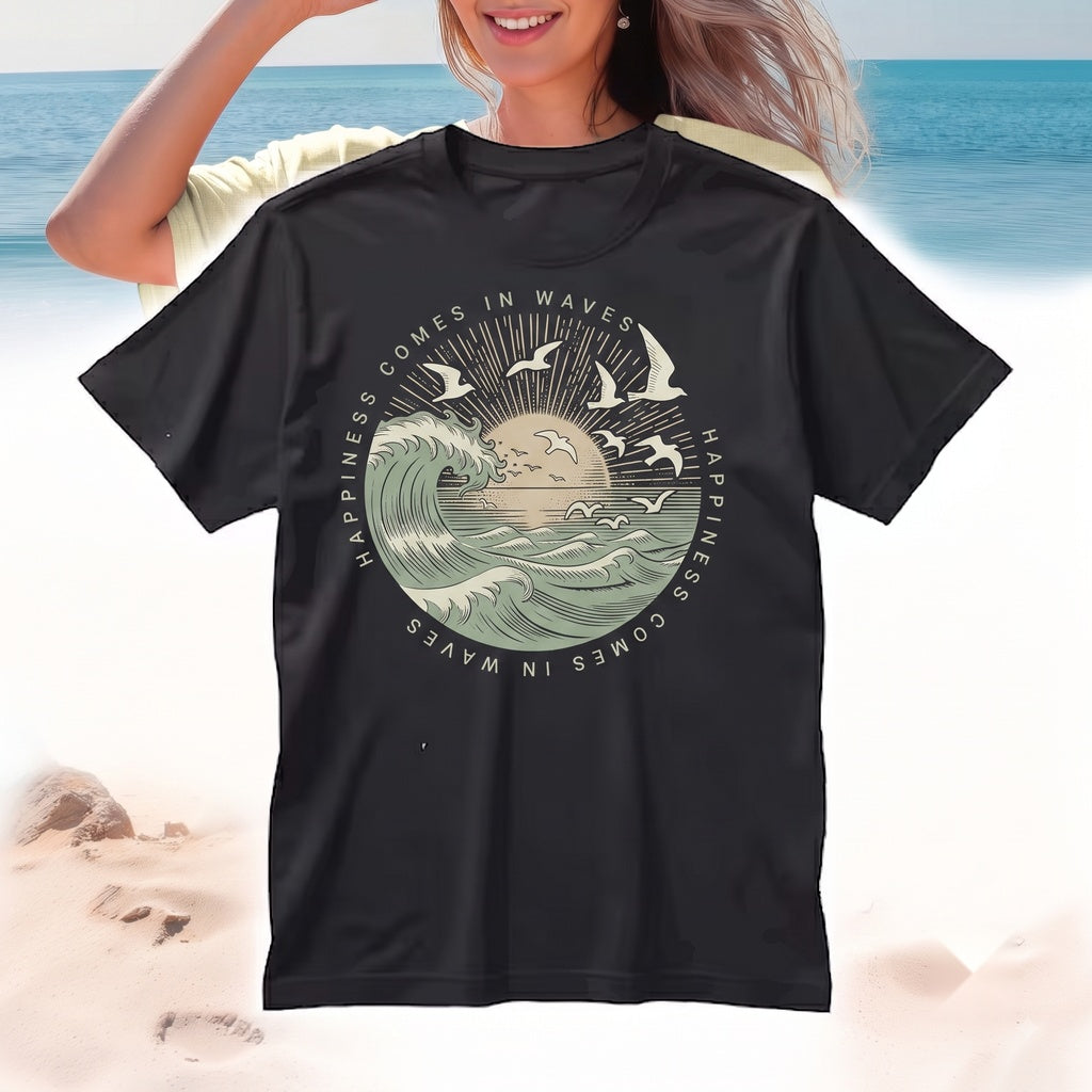 Happiness Comes In Waves Vintage Inspired Beachy Graphic Retro Ocean Unisex TShirt