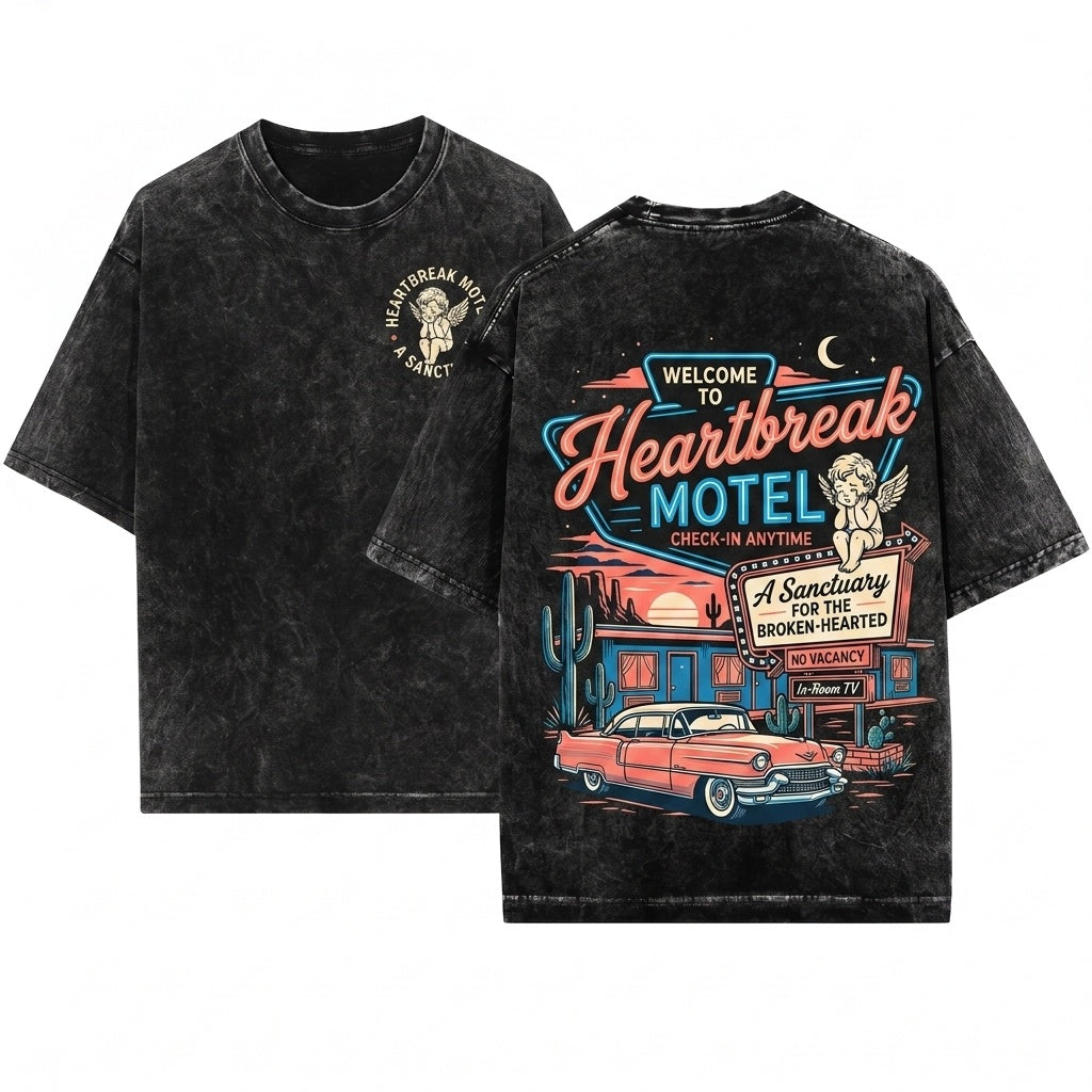 Vintage Heartbreak Motel Cupid Valentine Day Crewneck Top Unisex Wash T-Shirt
