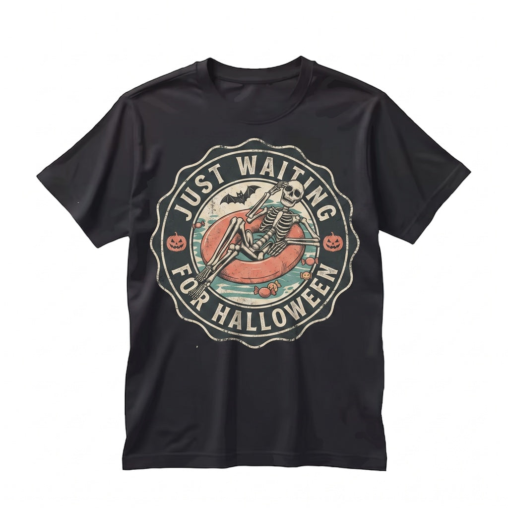 Just Waiting For Halloween Spooky Summer Vibes Skeleton Graphic Unisex TShirt