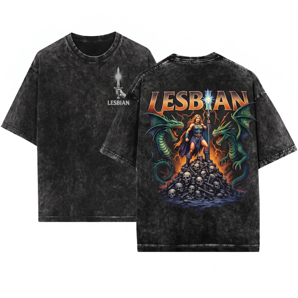 Lesbian Warrior Dragon Fantasy Vintage Retro Dark Art Grunge Castle Gothic Unisex Wash T-Shirt