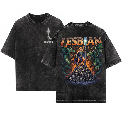 Lesbian Warrior Dragon Fantasy Vintage Retro Dark Art Grunge Castle Gothic Unisex Wash T-Shirt