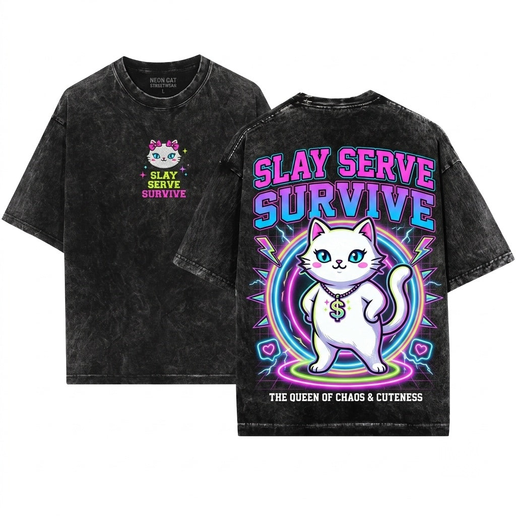 Slay Serve Survive Funny Sparkly Sassy Chaotic Embroidered Cat Gift Unisex Wash T-Shirt
