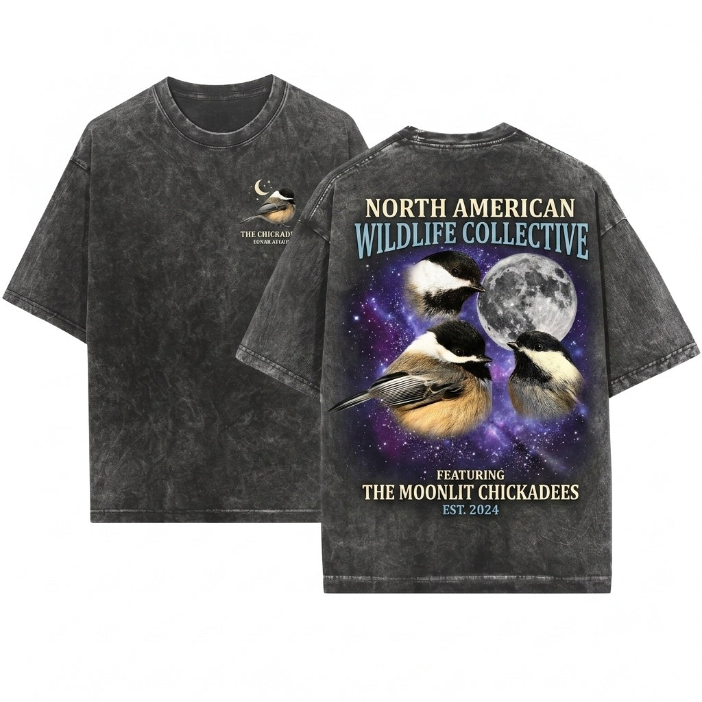 Three Black-Capped Chickadee Moon Vintage 90s Graphic Retro Bird Ironic Wolf Parody Unisex Wash T-Shirt