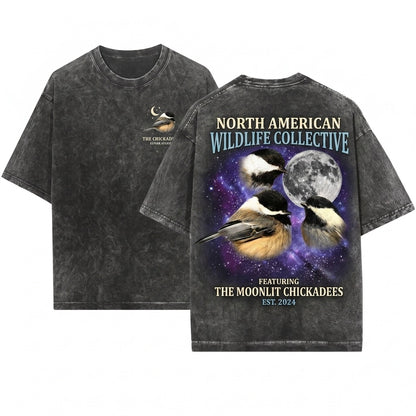 Three Black-Capped Chickadee Moon Vintage 90s Graphic Retro Bird Ironic Wolf Parody Unisex Wash T-Shirt
