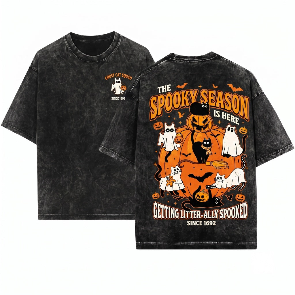 Black Cat Spooky Season Halloween Unisex Wash T-Shirt