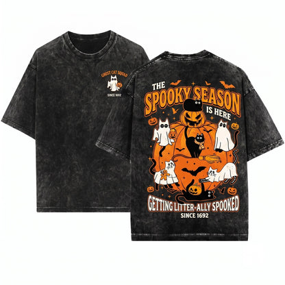 Black Cat Spooky Season Halloween Unisex Wash T-Shirt
