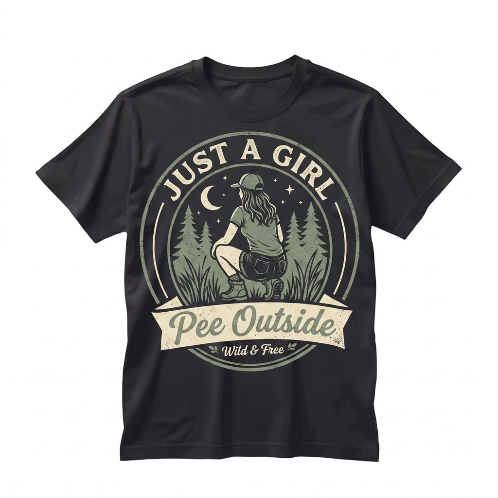 Just A Girl Who Loves To Pee Outside Funny Camping Hiking Adventure Nature Lover Gift Outdoorsy Forest Moon Stars Unisex TShirt