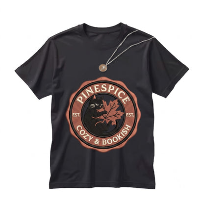 Black Cats Autumn Leaves Embroidered Cozy Cute Halloween Aesthetic Graphic Apparel Unisex TShirt