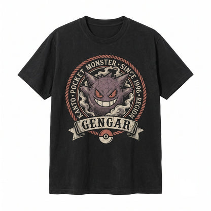 Vintage Mineral Wash Ghost Monster Graphic Double Sided Garment Dyed Retro Anime Gift Unisex TShirt