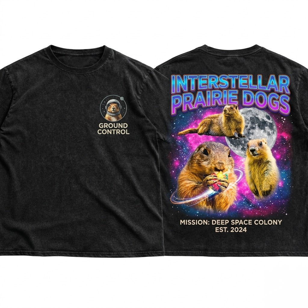 Three Marmot Moon Vintage Retro Graphic Oversized Funny Cute Rodent Prairie Dog Animal Gift Unisex Wash T-Shirt