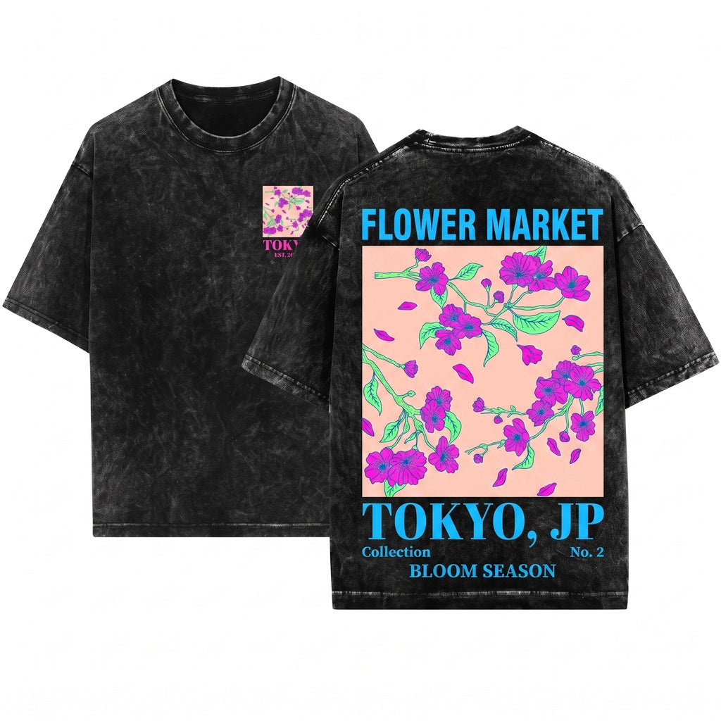 Kyoto Cherry Blossom Botanical Floral Graphic Sakura Top Unisex Wash T-Shirt