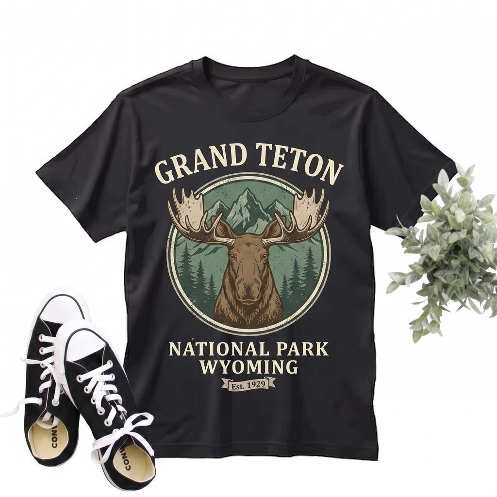 Vintage Retro Grand Teton Wyoming National Park Moose Hiking Vacation Outdoor Birthday Gift Unisex TShirt
