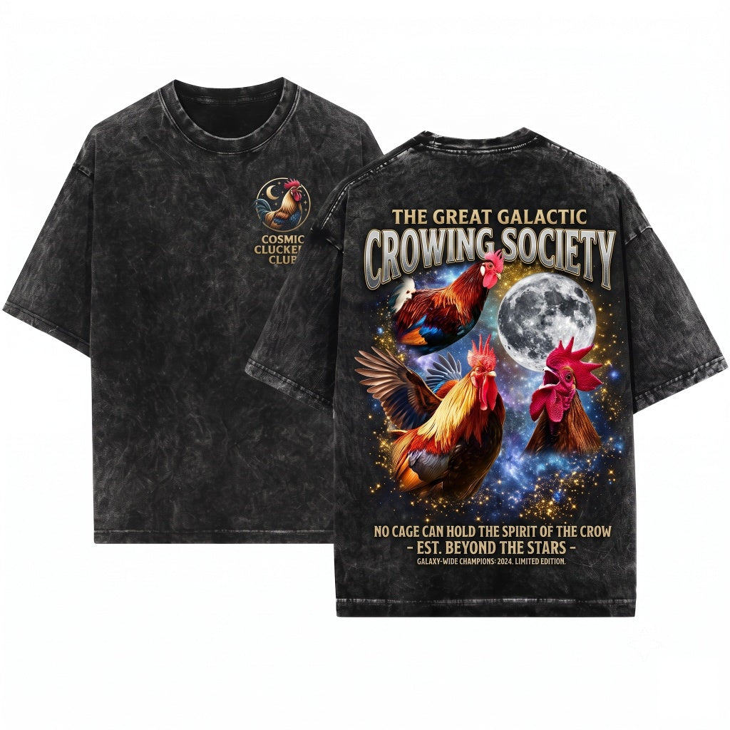 Three Rooster Retro Graphic Vintage Moon Oversized Funny Unisex Wash T-Shirt