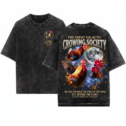 Three Rooster Retro Graphic Vintage Moon Oversized Funny Unisex Wash T-Shirt