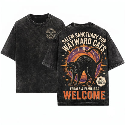 Salem Sanctuary Black Cat Vintage Witchy Halloween Unisex Wash T-Shirt