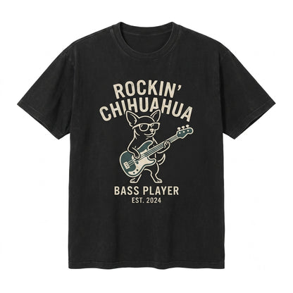 Funny Chihuahua Playing Vintage Rock Guitar Musician Gift for Music Lover Dog Mom Dad Apparel Unisex TShirt