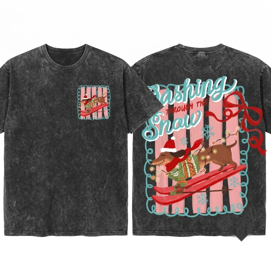 Preppy Coquette Dachshund Dog Merry Christmas Through The Snow Tis Season Unisex Wash T-Shirt