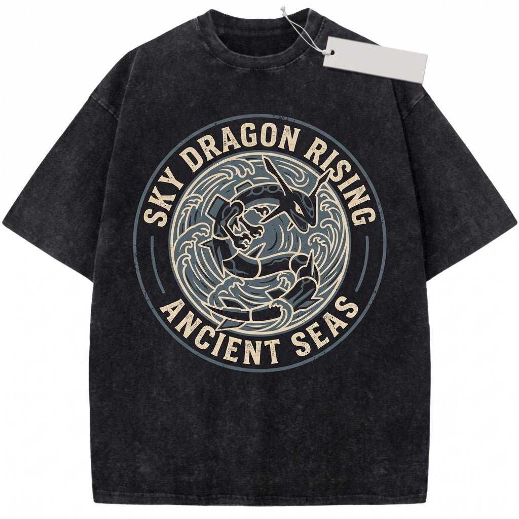 Vintage Green Sky Dragon Graphic Retro Acid Washed Oversized Anime Manga Gamer Gift Unisex TShirt