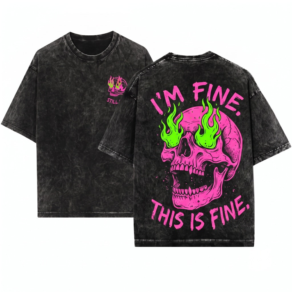 Everything is Fine Retro Grunge Sarcastic Funny Skeleton Festival Rebel Neon Wash T-Shirt