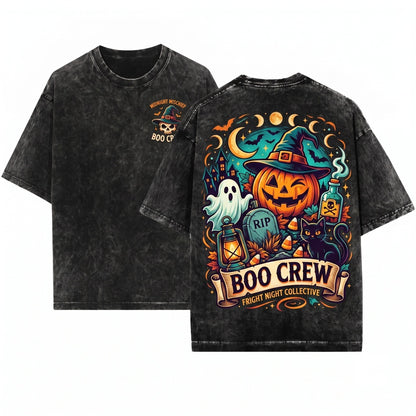 Midnight Mischief Halloween Boo Crew Jack-O-Lantern Ghost Spooky Pumpkin Graphic Unisex Wash T-Shirt