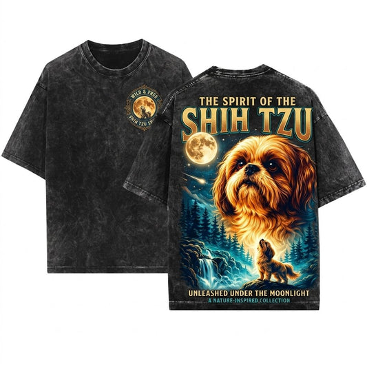 Vintage Shih Tzu Howling Moon Graphic Gift Silly Dog 90s Retro Animal Apparel Unisex Wash T-Shirt