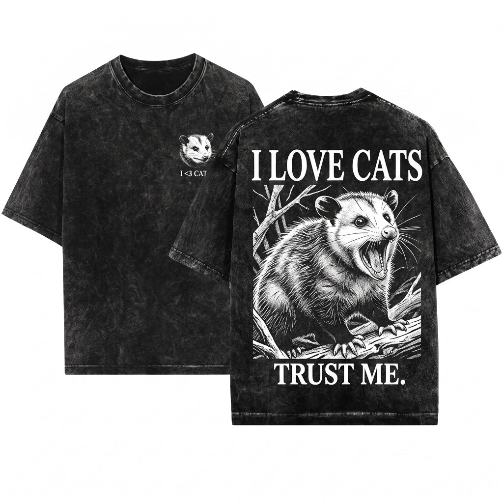 Funny Opossum I Love Cats Cute Feline Lover Graphic Vintage Apparel Unisex Wash T-Shirt