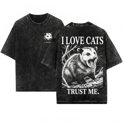 Funny Opossum I Love Cats Cute Feline Lover Graphic Vintage Apparel Unisex Wash T-Shirt