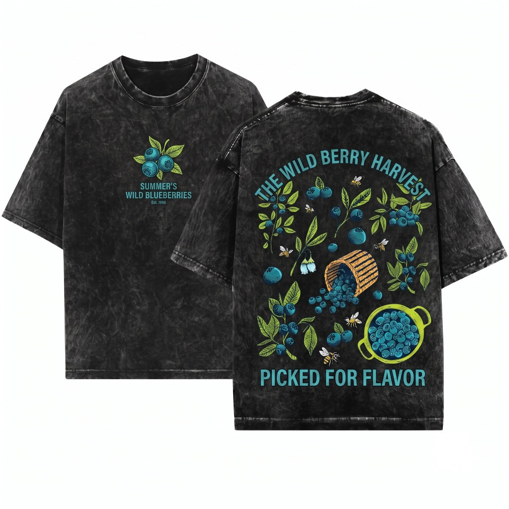 Blueberry Fruit Graphic Vintage Garment-Dyed Unisex Wash T-Shirt