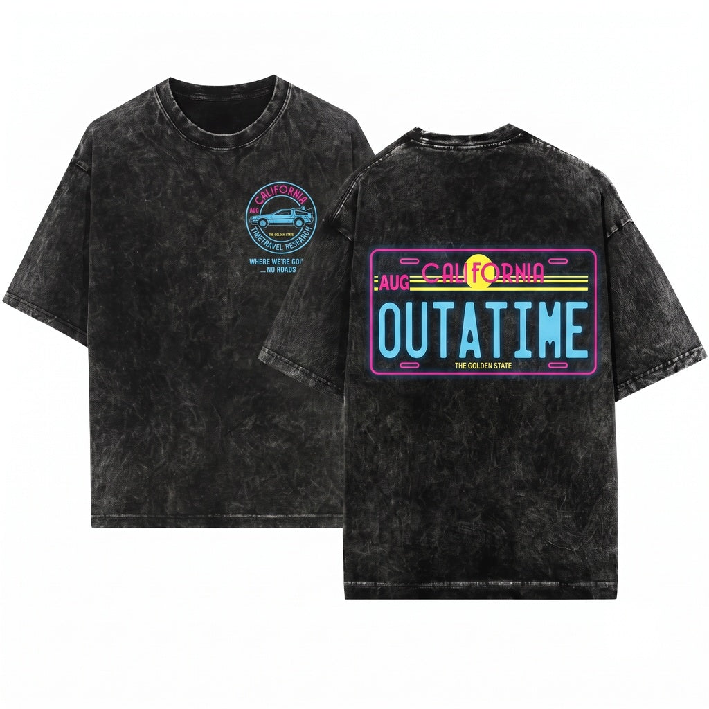 Retro 80s Sci-Fi Movie Outatime License Plate Graphic Unisex Wash T-Shirt