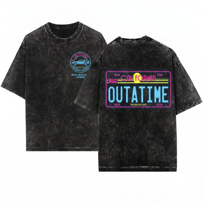 Retro 80s Sci-Fi Movie Outatime License Plate Graphic Unisex Wash T-Shirt