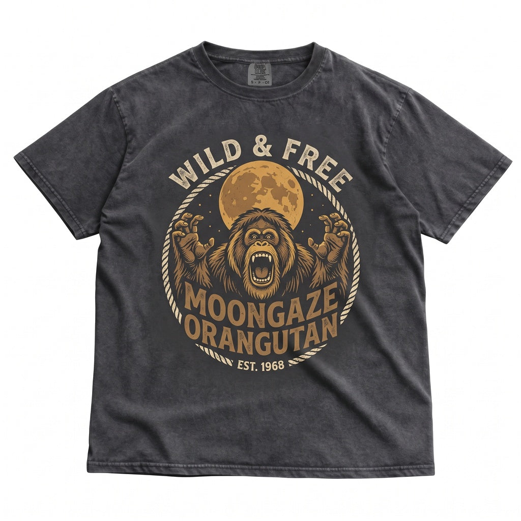 Vintage 90s Three Orangutan Full Moon Retro Silly Monkey Graphic Aesthetic Galaxy Jungle Nature Howling Animal Art Apparel Unisex