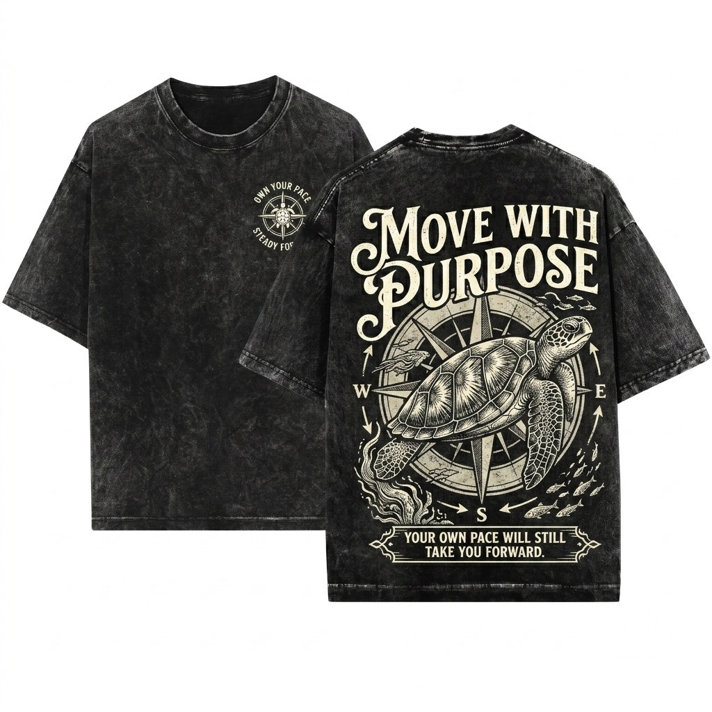 Move With Purpose Motivational Quote Sea Turtle Inspirational Retro Ocean Beach Lover Unisex Wash T-Shirt