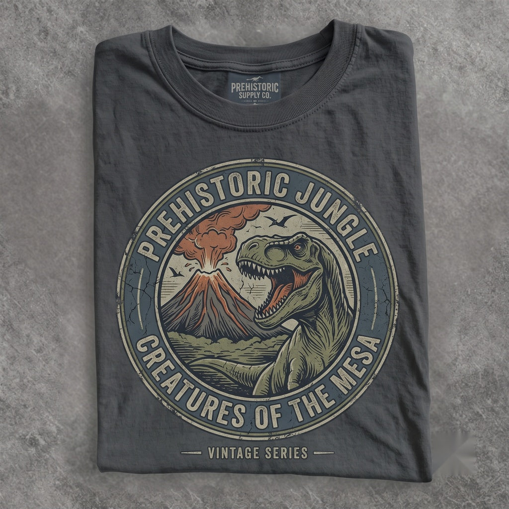 Vintage Prehistoric Jungle Graphic Spinosaurus Volcano Dinosaur Retro Wilderness Style Dino Gift Unisex TShirt