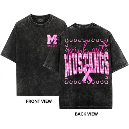 Custom Pink Out Mascot Plaid Varsity Breast Cancer Awareness School Spirit Personalized Team Name Unisex Wash T-Shirt